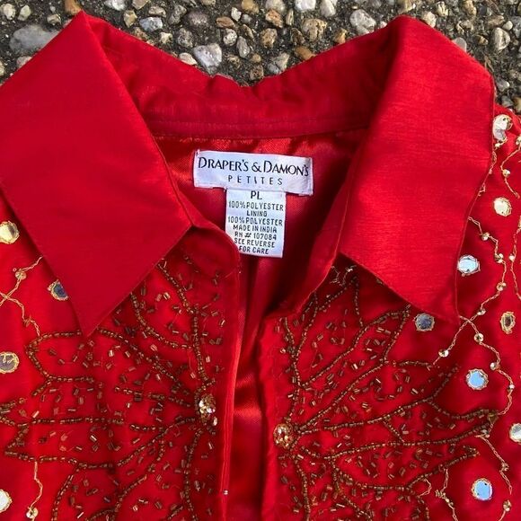 Vtg Drapers & Damon’s bright red ethnic beaded gold trim mirror disc jacket - Picture 2 of 8